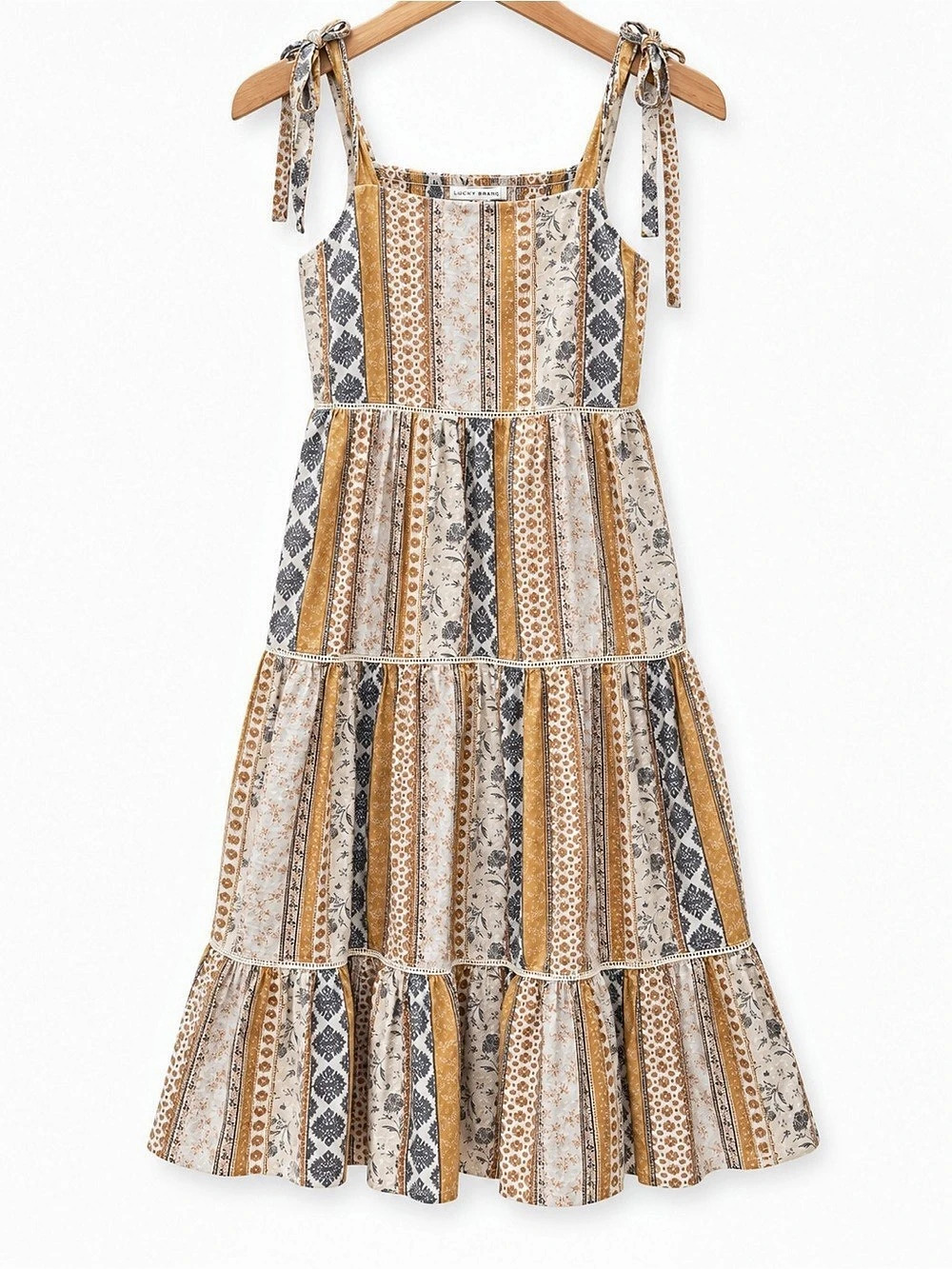 Lucky Brand Boho Tiered Midi Dress Floral Stripe Tie Strap XS